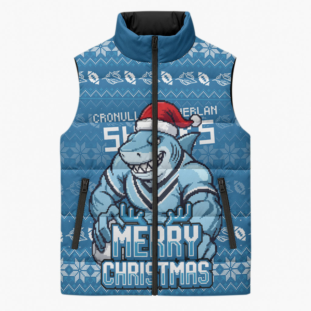 Personalized Cronulla Sharks Christmas Sleeveless Puffer Jacket Australian Rugby Fans - Pixelated Ugly Xmas Pattern Mascot Santa