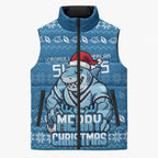 Personalized Cronulla Sharks Christmas Sleeveless Puffer Jacket Australian Rugby Fans - Pixelated Ugly Xmas Pattern Mascot Santa