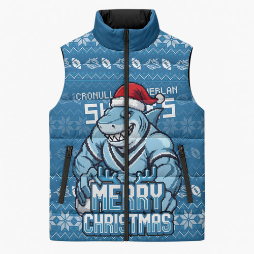 Personalized Cronulla Sharks Christmas Sleeveless Puffer Jacket Australian Rugby Fans - Pixelated Ugly Xmas Pattern Mascot Santa