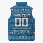 Personalized Cronulla Sharks Christmas Sleeveless Puffer Jacket Australian Rugby Fans - Pixelated Ugly Xmas Pattern Mascot Santa