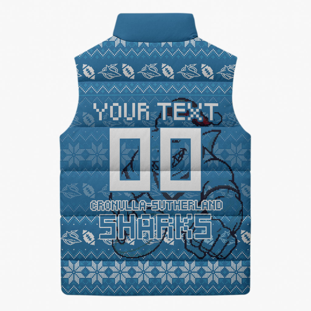 Personalized Cronulla Sharks Christmas Sleeveless Puffer Jacket Australian Rugby Fans - Pixelated Ugly Xmas Pattern Mascot Santa