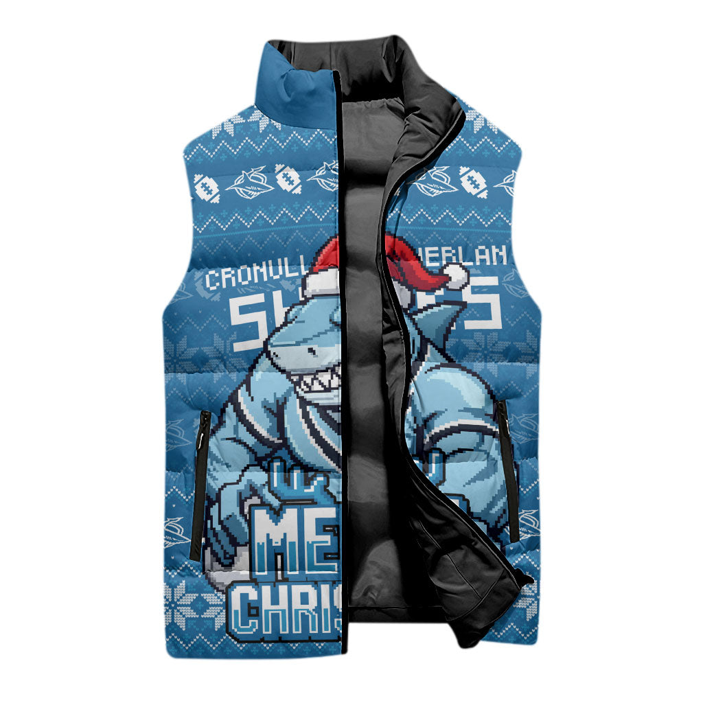 Personalized Cronulla Sharks Christmas Sleeveless Puffer Jacket Australian Rugby Fans - Pixelated Ugly Xmas Pattern Mascot Santa