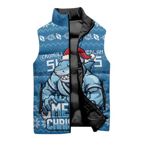 Personalized Cronulla Sharks Christmas Sleeveless Puffer Jacket Australian Rugby Fans - Pixelated Ugly Xmas Pattern Mascot Santa