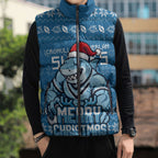 Personalized Cronulla Sharks Christmas Sleeveless Puffer Jacket Australian Rugby Fans - Pixelated Ugly Xmas Pattern Mascot Santa