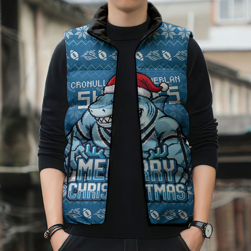 Personalized Cronulla Sharks Christmas Sleeveless Puffer Jacket Australian Rugby Fans - Pixelated Ugly Xmas Pattern Mascot Santa