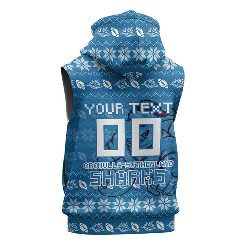 Personalized Cronulla Sharks Christmas Sleeveless Zip Hoodie Australian Rugby Fans - Pixelated Ugly Xmas Pattern Mascot Santa