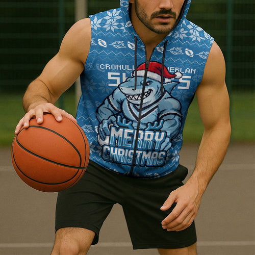 Personalized Cronulla Sharks Christmas Sleeveless Zip Hoodie Australian Rugby Fans - Pixelated Ugly Xmas Pattern Mascot Santa