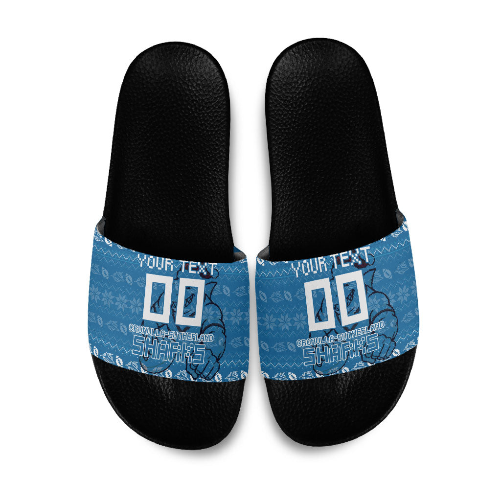 Personalized Cronulla Sharks Christmas Slide Sandals Australian Rugby Fans - Pixelated Ugly Xmas Pattern Mascot Santa