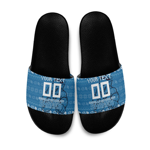 Personalized Cronulla Sharks Christmas Slide Sandals Australian Rugby Fans - Pixelated Ugly Xmas Pattern Mascot Santa