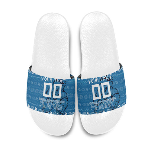 Personalized Cronulla Sharks Christmas Slide Sandals Australian Rugby Fans - Pixelated Ugly Xmas Pattern Mascot Santa