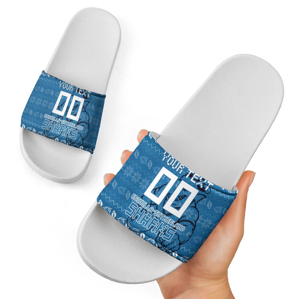 Personalized Cronulla Sharks Christmas Slide Sandals Australian Rugby Fans - Pixelated Ugly Xmas Pattern Mascot Santa
