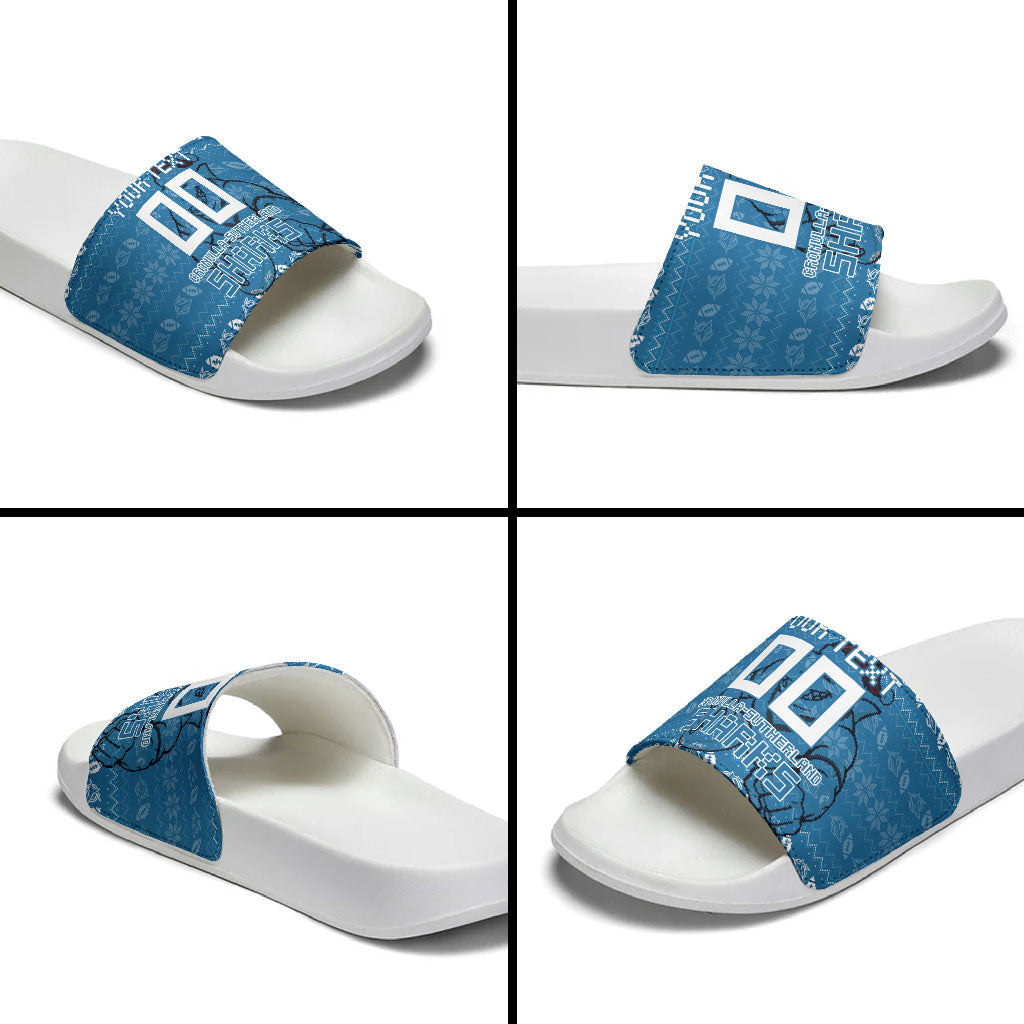 Personalized Cronulla Sharks Christmas Slide Sandals Australian Rugby Fans - Pixelated Ugly Xmas Pattern Mascot Santa