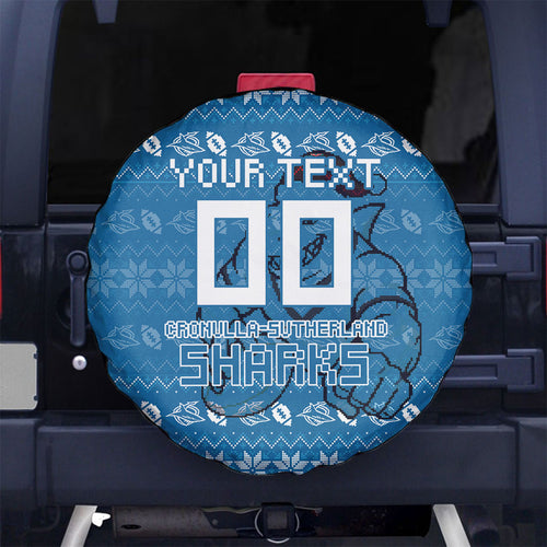 Personalized Cronulla Sharks Christmas Spare Tire Cover Australian Rugby Fans - Pixelated Ugly Xmas Pattern Mascot Santa