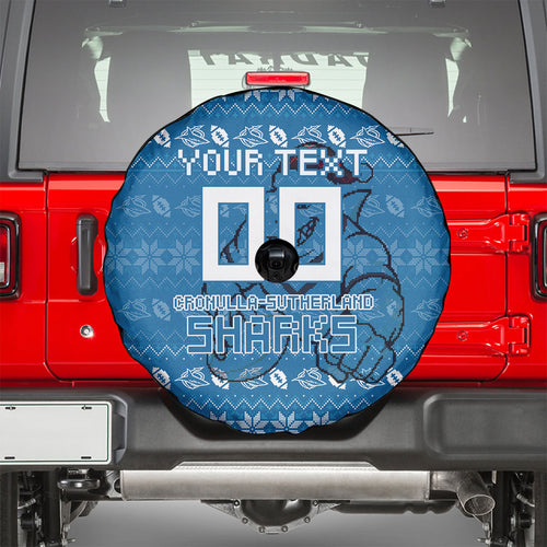 Personalized Cronulla Sharks Christmas Spare Tire Cover Australian Rugby Fans - Pixelated Ugly Xmas Pattern Mascot Santa