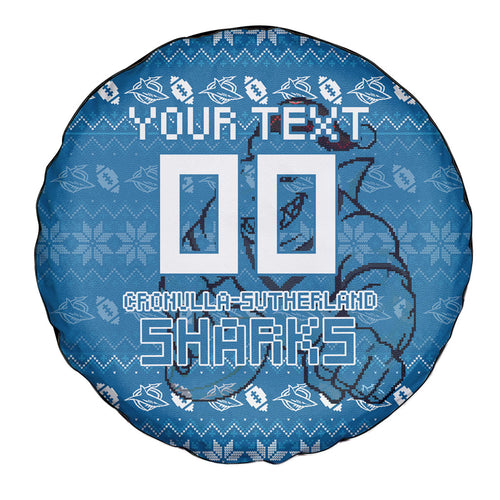 Personalized Cronulla Sharks Christmas Spare Tire Cover Australian Rugby Fans - Pixelated Ugly Xmas Pattern Mascot Santa