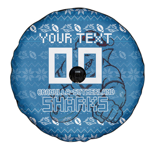 Personalized Cronulla Sharks Christmas Spare Tire Cover Australian Rugby Fans - Pixelated Ugly Xmas Pattern Mascot Santa