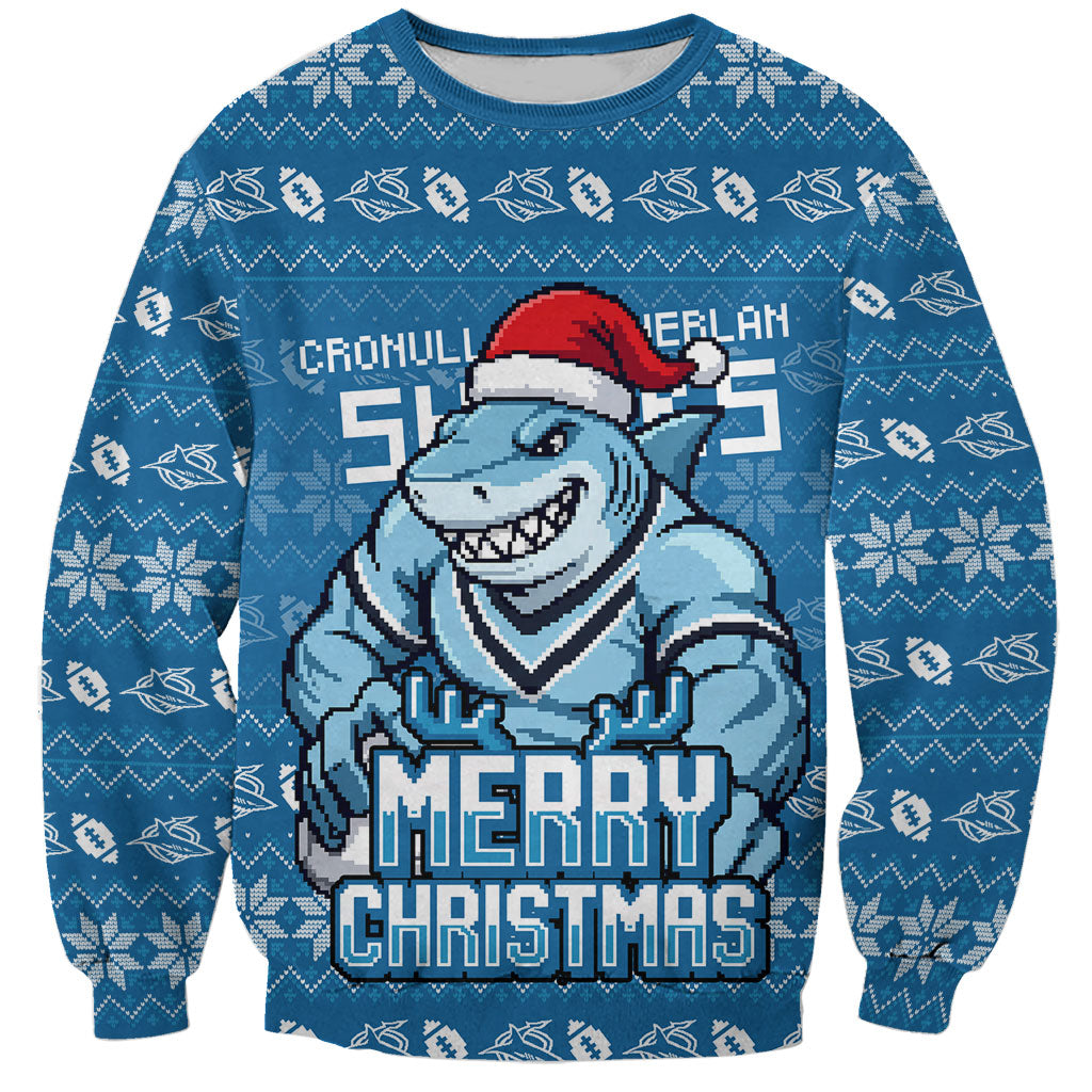 Personalized Cronulla Sharks Christmas Sweatshirt Australian Rugby Fans - Pixelated Ugly Xmas Pattern Mascot Santa