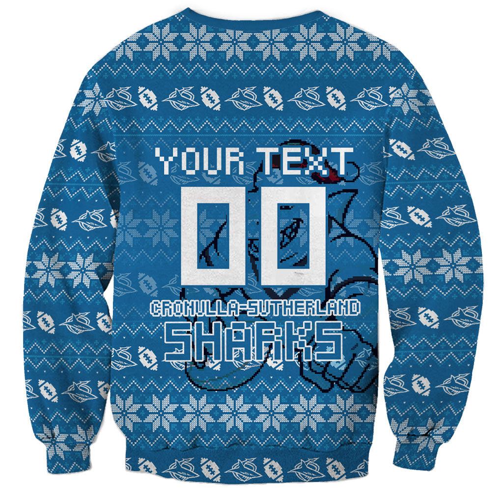 Personalized Cronulla Sharks Christmas Sweatshirt Australian Rugby Fans - Pixelated Ugly Xmas Pattern Mascot Santa