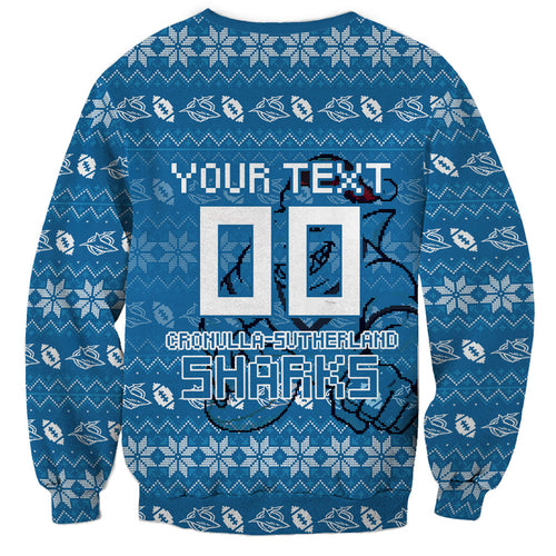 Personalized Cronulla Sharks Christmas Sweatshirt Australian Rugby Fans - Pixelated Ugly Xmas Pattern Mascot Santa