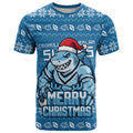 Personalized Cronulla Sharks Christmas T Shirt Australian Rugby Fans - Pixelated Ugly Xmas Pattern Mascot Santa