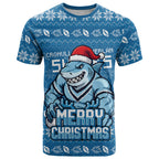 Personalized Cronulla Sharks Christmas T Shirt Australian Rugby Fans - Pixelated Ugly Xmas Pattern Mascot Santa