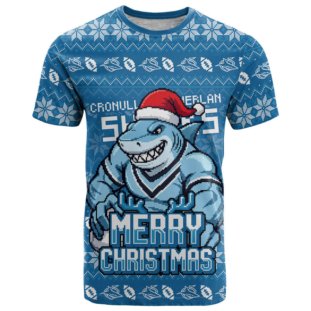 Personalized Cronulla Sharks Christmas T Shirt Australian Rugby Fans - Pixelated Ugly Xmas Pattern Mascot Santa