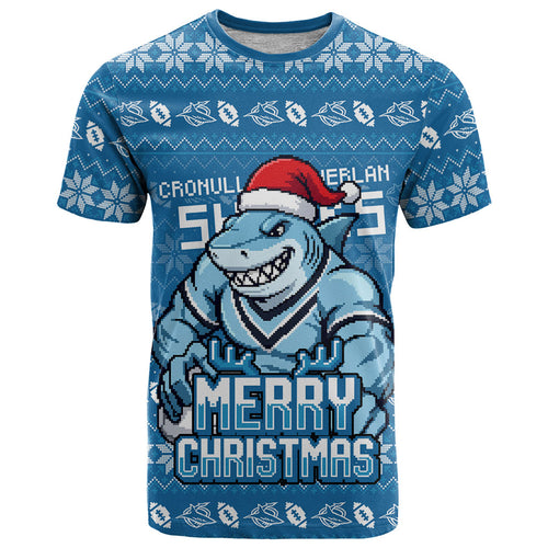 Personalized Cronulla Sharks Christmas T Shirt Australian Rugby Fans - Pixelated Ugly Xmas Pattern Mascot Santa