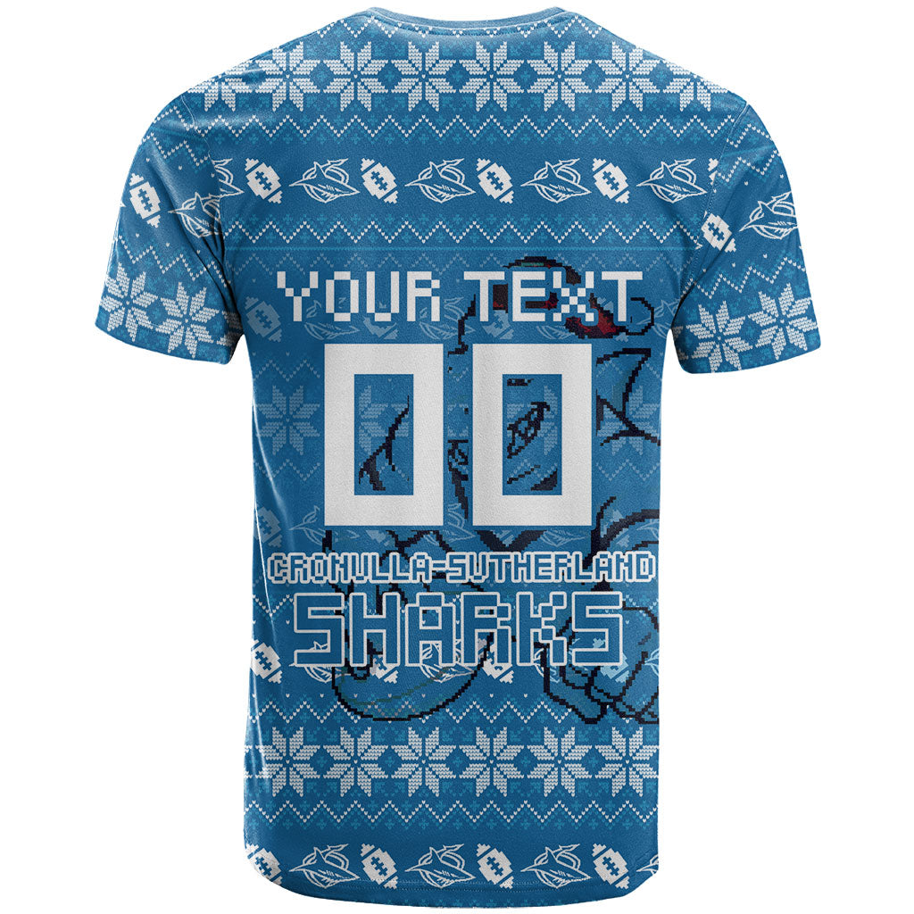 Personalized Cronulla Sharks Christmas T Shirt Australian Rugby Fans - Pixelated Ugly Xmas Pattern Mascot Santa