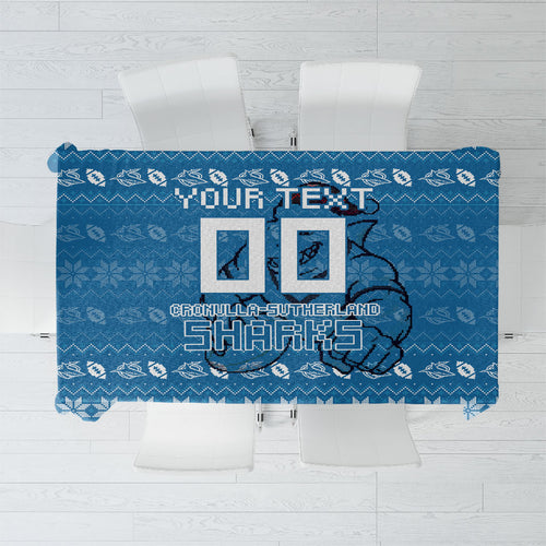 Personalized Cronulla Sharks Christmas Tablecloth Australian Rugby Fans - Pixelated Ugly Xmas Pattern Mascot Santa