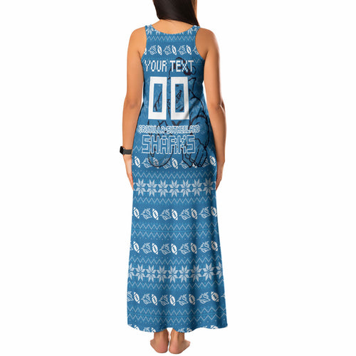 Personalized Cronulla Sharks Christmas Tank Maxi Dress Australian Rugby Fans - Pixelated Ugly Xmas Pattern Mascot Santa