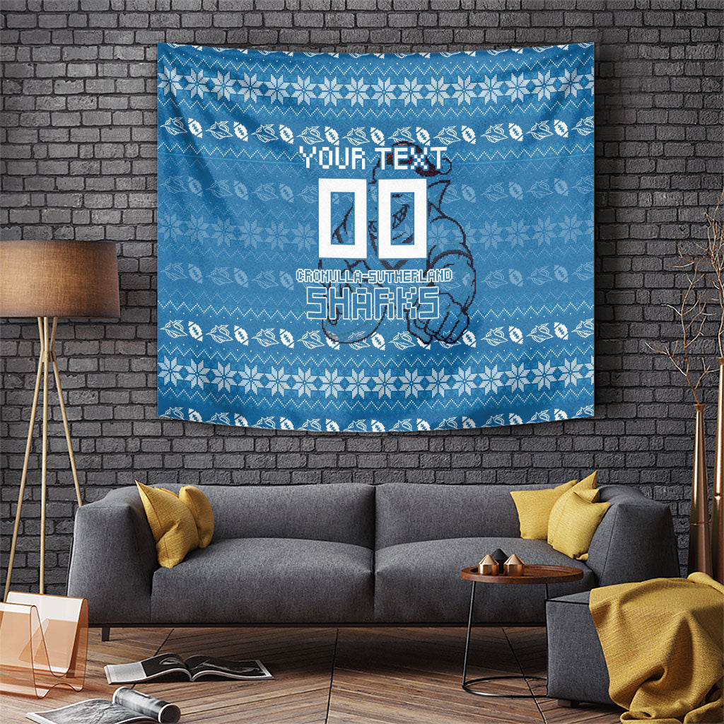 Personalized Cronulla Sharks Christmas Tapestry Australian Rugby Fans - Pixelated Ugly Xmas Pattern Mascot Santa