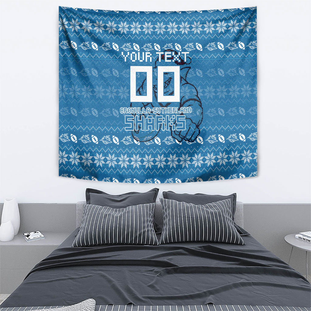 Personalized Cronulla Sharks Christmas Tapestry Australian Rugby Fans - Pixelated Ugly Xmas Pattern Mascot Santa