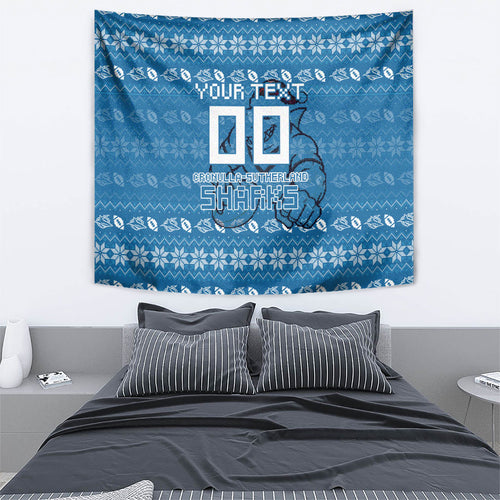 Personalized Cronulla Sharks Christmas Tapestry Australian Rugby Fans - Pixelated Ugly Xmas Pattern Mascot Santa