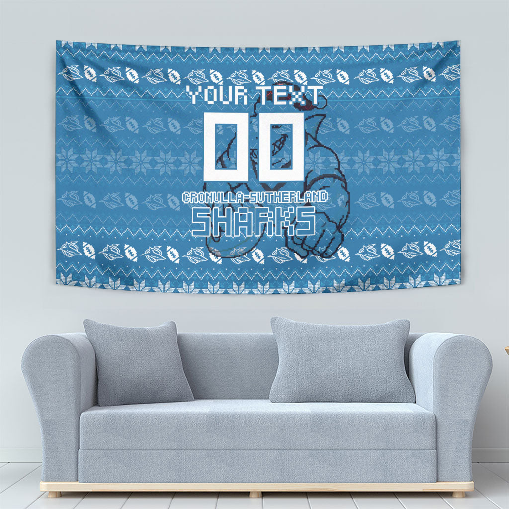 Personalized Cronulla Sharks Christmas Tapestry Australian Rugby Fans - Pixelated Ugly Xmas Pattern Mascot Santa