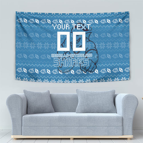 Personalized Cronulla Sharks Christmas Tapestry Australian Rugby Fans - Pixelated Ugly Xmas Pattern Mascot Santa