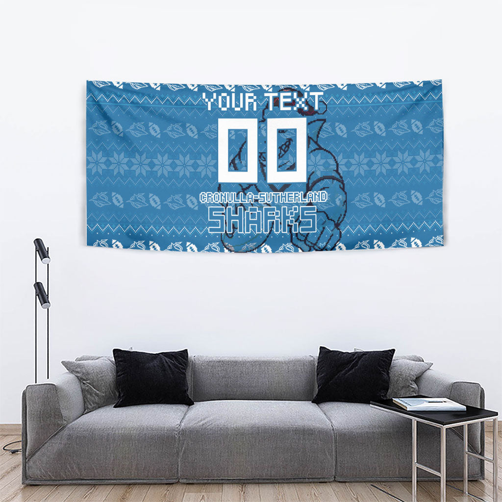 Personalized Cronulla Sharks Christmas Tapestry Australian Rugby Fans - Pixelated Ugly Xmas Pattern Mascot Santa