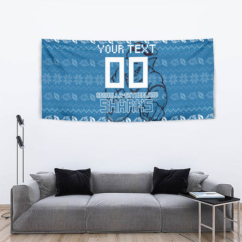 Personalized Cronulla Sharks Christmas Tapestry Australian Rugby Fans - Pixelated Ugly Xmas Pattern Mascot Santa