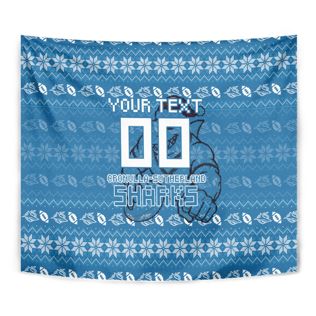 Personalized Cronulla Sharks Christmas Tapestry Australian Rugby Fans - Pixelated Ugly Xmas Pattern Mascot Santa