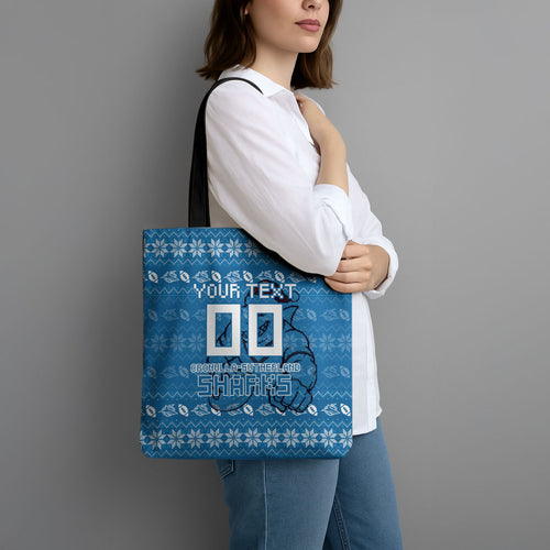 Personalized Cronulla Sharks Christmas Tote Bag Australian Rugby Fans - Pixelated Ugly Xmas Pattern Mascot Santa