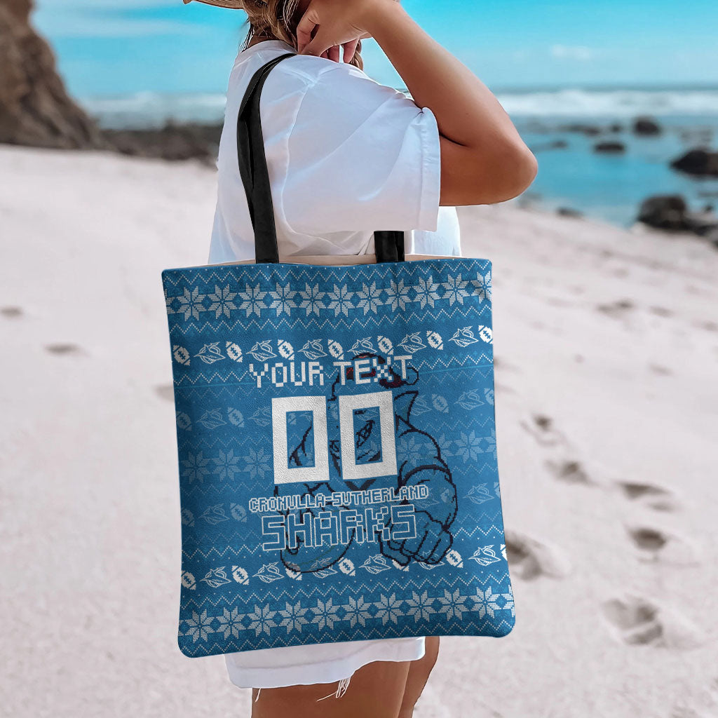 Personalized Cronulla Sharks Christmas Tote Bag Australian Rugby Fans - Pixelated Ugly Xmas Pattern Mascot Santa