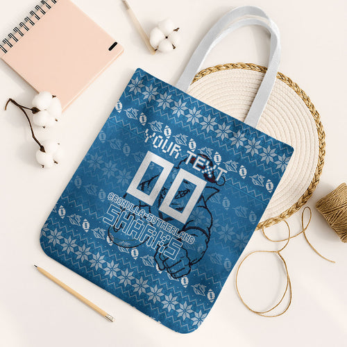 Personalized Cronulla Sharks Christmas Tote Bag Australian Rugby Fans - Pixelated Ugly Xmas Pattern Mascot Santa