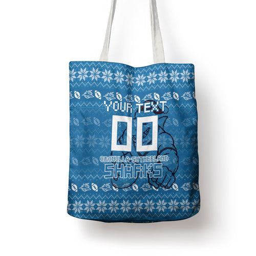 Personalized Cronulla Sharks Christmas Tote Bag Australian Rugby Fans - Pixelated Ugly Xmas Pattern Mascot Santa