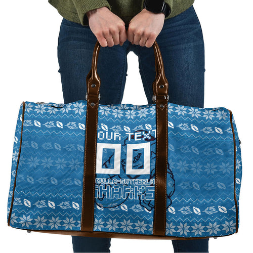 Personalized Cronulla Sharks Christmas Travel Bag Australian Rugby Fans - Pixelated Ugly Xmas Pattern Mascot Santa