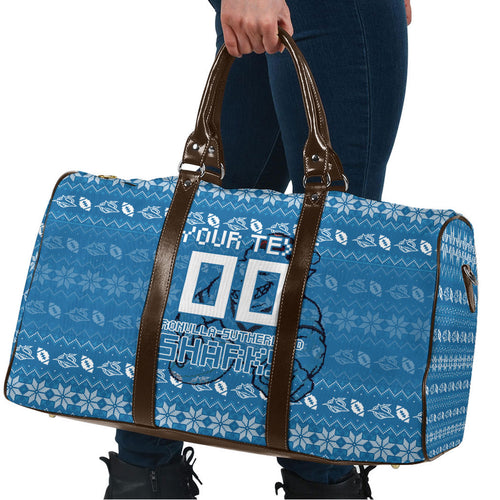 Personalized Cronulla Sharks Christmas Travel Bag Australian Rugby Fans - Pixelated Ugly Xmas Pattern Mascot Santa