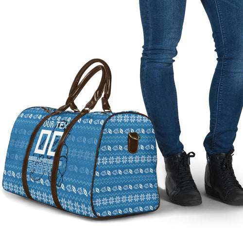 Personalized Cronulla Sharks Christmas Travel Bag Australian Rugby Fans - Pixelated Ugly Xmas Pattern Mascot Santa