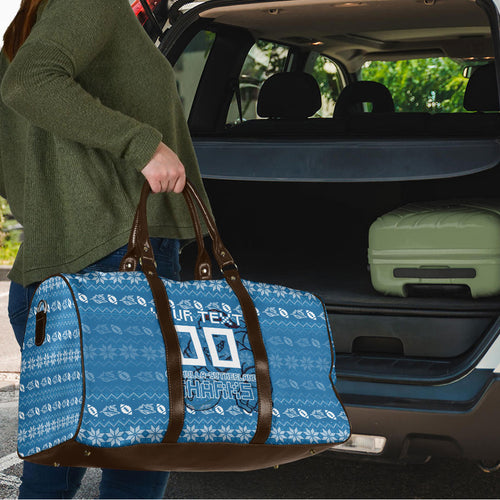Personalized Cronulla Sharks Christmas Travel Bag Australian Rugby Fans - Pixelated Ugly Xmas Pattern Mascot Santa