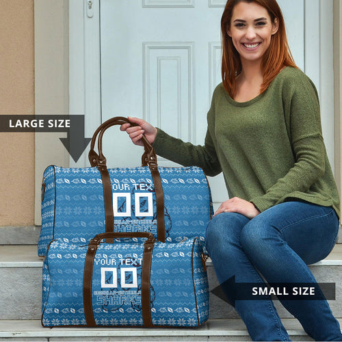 Personalized Cronulla Sharks Christmas Travel Bag Australian Rugby Fans - Pixelated Ugly Xmas Pattern Mascot Santa