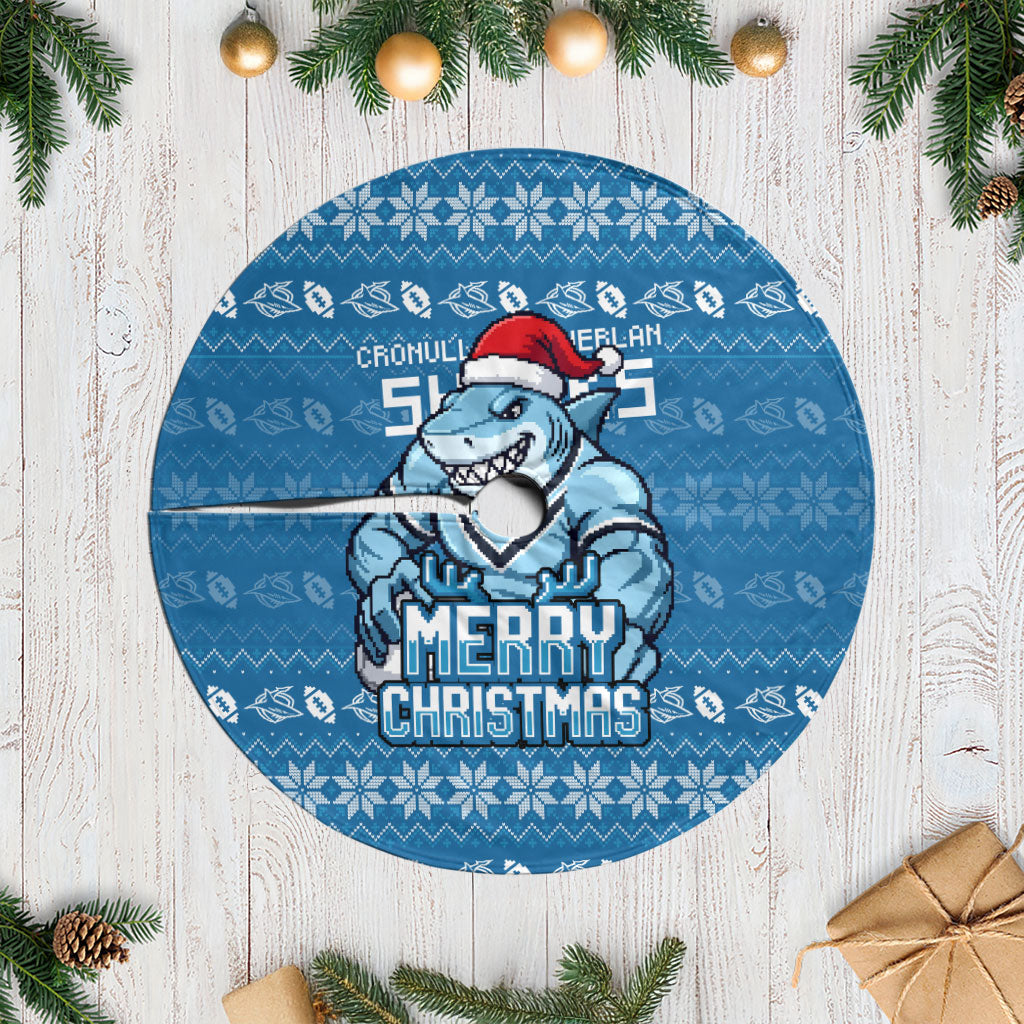 Cronulla Sharks Christmas Tree Skirt Australian Rugby Fans - Pixelated Ugly Xmas Pattern Mascot Santa