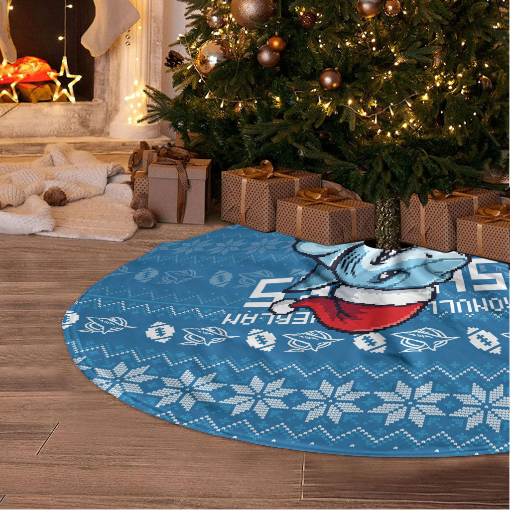 Cronulla Sharks Christmas Tree Skirt Australian Rugby Fans - Pixelated Ugly Xmas Pattern Mascot Santa