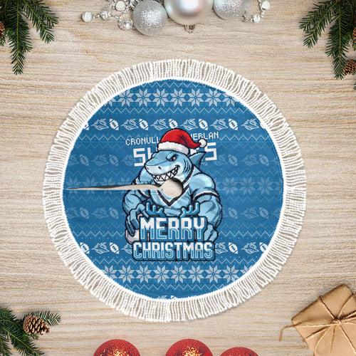 Cronulla Sharks Christmas Tree Skirt Australian Rugby Fans - Pixelated Ugly Xmas Pattern Mascot Santa